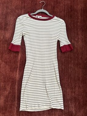 Joie Ivory Striped Midi Dress with Burgundy Trim